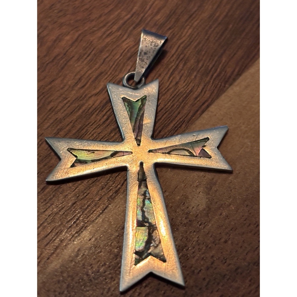 Vintage Catholic Religious Holy Medal // STERLING ABALONE CROSS - MEXICO